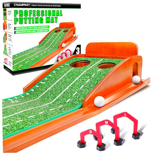 CHAMPKEY Premium Wooden Golf Putting Mat with 3 Golf Putting Gates - Realistic Putting Surface Simulates Real Golf Putting Green - Improve Putting Accuracy and Challenge