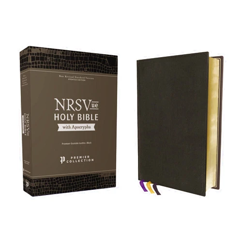 Zondervan NRSVue, Holy Bible with Apocrypha, Premium Goatskin Leather, Black, Premier Collection, Art Gilded Edges, Comfort Print