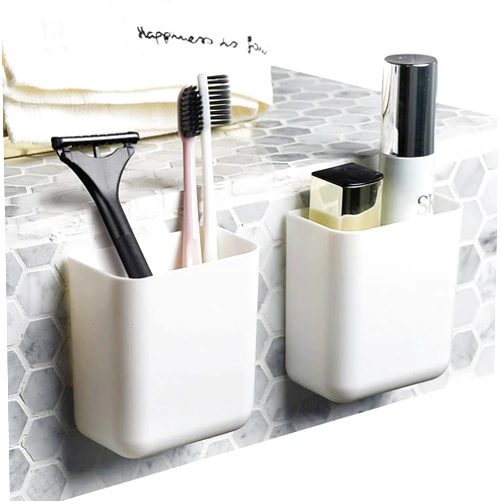 MOSUNKA Self Adhesive Wall Mounted Storage Box Bathroom Makeup Wall Organizer White Pen Holder Remote Cellphone Holders for Bedroom Home Decor Kicthen Room 2Pcs