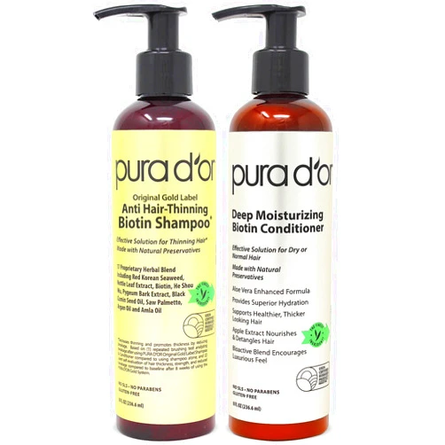 PURA D'OR Anti-Thinning Biotin Shampoo and Conditioner Natural Earthy Scent, CLINICALLY TESTED Effective Results, Herbal Blend Thickening Products For Women & Men, Original Gold Label Set, 8oz x2
