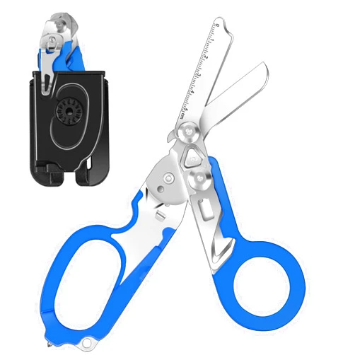 Awaiymi 6 In 1 Multi-function Trauma Shears With Holster, Stainless Steel Foldable Emergency Response Shears, Outdoor Camping Rescue Scissors Tools With Strap Cutter and Glass Breaker Blue