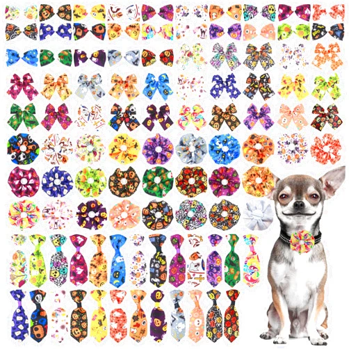 PET SHOW 100pcs Halloween Dog Bow Ties Bulk Adjustable Neckties for Small Medium Dogs Fall Collar Flowers Cats Doggies Bowknot 25 Set Pumpkin Patterns for Party Holiday Puppy Pet Grooming Accessories