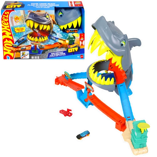 Hot Wheels Toy Car Track Set, City Shark Chomp Beach Playset with 1:64 Scale Die-Cast Vehicle. 2 Ways to Play, Knock Out the Shark or Get Eaten