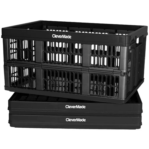 CleverMade Collapsible Utility Crate, Obsidian, 3PK - 45L (11 Gal) Collapsible Storage Bins, Holds 66lbs Per Bin - Plastic Stackable Grated Wall Utility Containers, CleverCrates Baskets