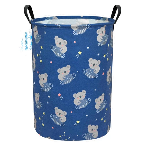 LANGYASHAN Laundry Basket Canvas Fabric Collapsible Organizer Basket for Storage Bin Toy Bins Gift Baskets Bedroom Clothes Children Nursery Hamper (Space Koala)