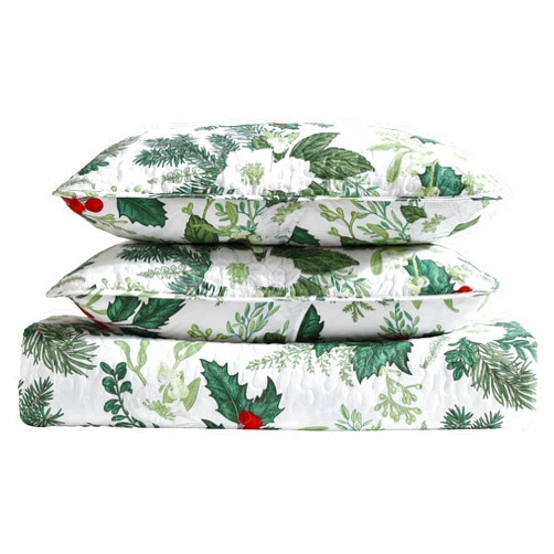 Beatrice Home Fashions Lightweight Full/Queen Holiday Quilt Bedding Set Green Bouquet, Holly Berry, Green, White, Red