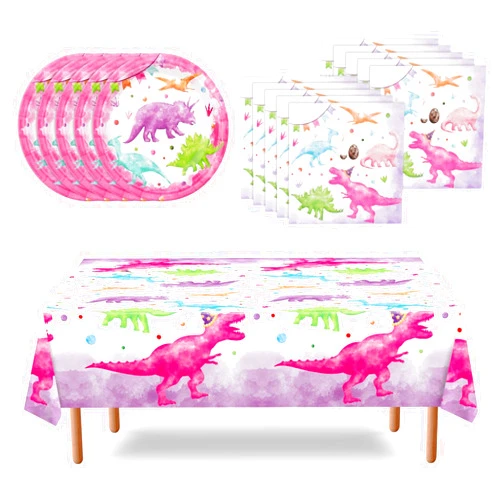 WERNNSAI Watercolor Dinosaur Party Supplies - Dinosaur Party Plates Napkins and Tablecloth for Girls Disposable Birthday Party Decorations Dessert Plates Napkins Tableware Serves 16 Guests 33 Pieces