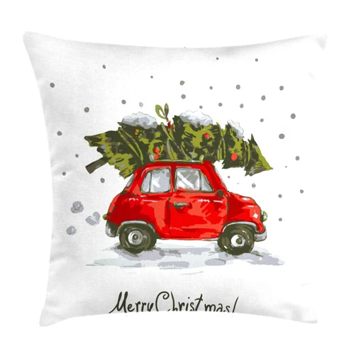Ambesonne Christmas Throw Pillow Cushion Cover, Red Retro Style Car Xmas Tree Vintage Family Style Illustration Snowy Winter Art, Decorative Square Accent Pillow Case, 18