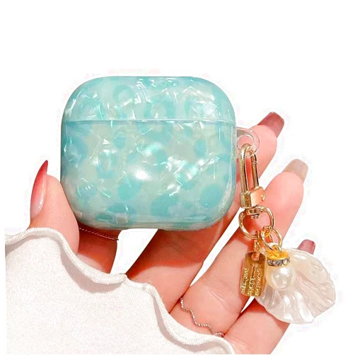 PHOEACC Compatible with Airpods 3rd Generation Case (Not Fit Airpod Pro) Cute Leopard with Shell Pearl Keychain for Girls Women Hard TPU Protective Cover for Airpod 3 Case - Turquoise Blue
