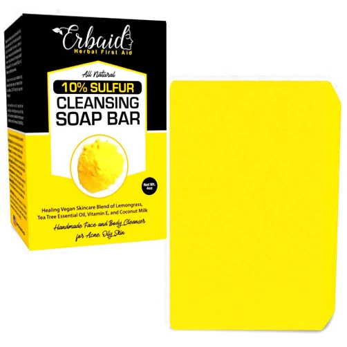 Erbaid 10% Sulfur Soap Cleansing Bar for Face & Body – All Natural Sulfur Facial Cleanser for Acne, Oily Skin – Skincare Blend of Lemongrass, Tea Tree Essential Oil, Vitamin E, Coconut Milk – Sulfur Soap Bar Made in USA (4 Ounce (Pack of 1))