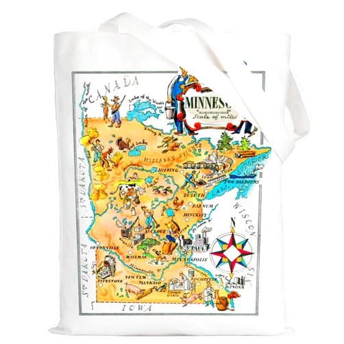 LEVLO Fun State Map Of Minnesota Tote Bag Minnesota Travel Souvenir Gift 1940’s Minnesota Cartoon Illustration Shoulder Bag
