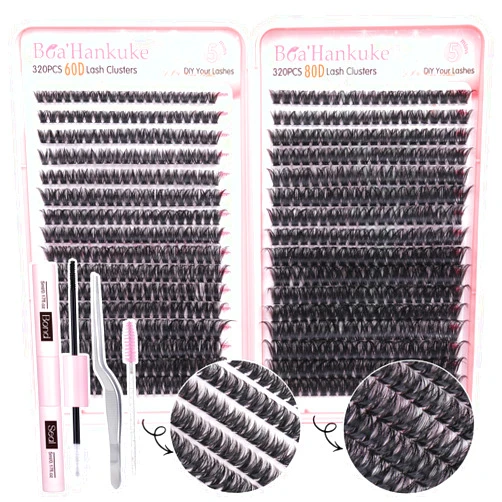 Boahankuke 640PCS Lash Clusters Kit DIY Lash Extension Kit D Curl Volume Eyelash Extensions Individual Lashes Kit with Lash Bond and Seal, Tweezers (60D 8-16mm, 80D 10-18mm)