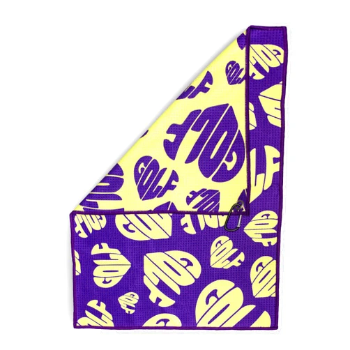 Tylson Golf Towel with GOLF Heart Design - Reversible Purple and Yellow Microfiber- Golf Accessories for Men and Women- A Great Gift for any Golfer