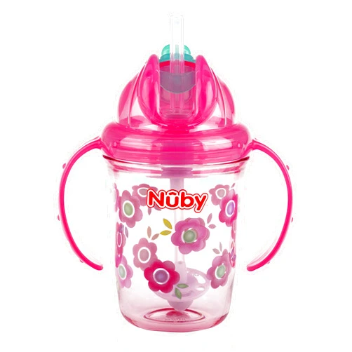 Nuby Tritan No Spill Flip N' Sip Twin Handle Printed Cup with 360 Weighted Straw (Pink, Flowers)