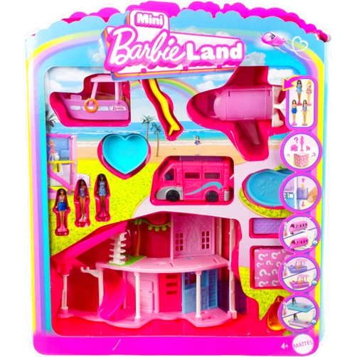 Barbie Mini BarbieLand DreamHouse & 3-Vehicle Playset with 4 1.5-Inch Dolls, Doll House Furniture & Accessories, Includes DreamCamper, Boat & Plane