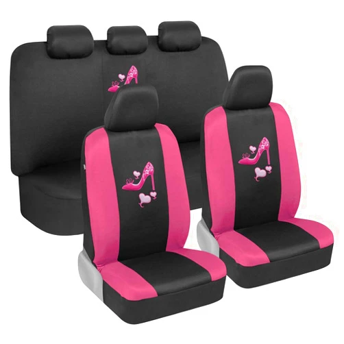 BDK Two-Tone Pink Heels Car Seat Covers Full Set with Steering Wheel Cover and Seat Belt Pads – Front and Rear Covers with Matching Embroidered Accessories, Fits Most Cars Trucks Vans SUVs, SCPRINTS
