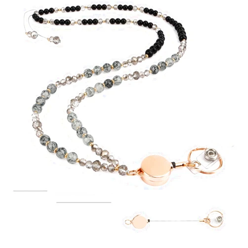 Najdeiuyt Retractable Lanyards for id Badges for Women Cute Teacher Lanyard with id Badges Holder, Natural Stone Cream Crystal Beaded Lanyards for id Badge and Keys Cruise School Office
