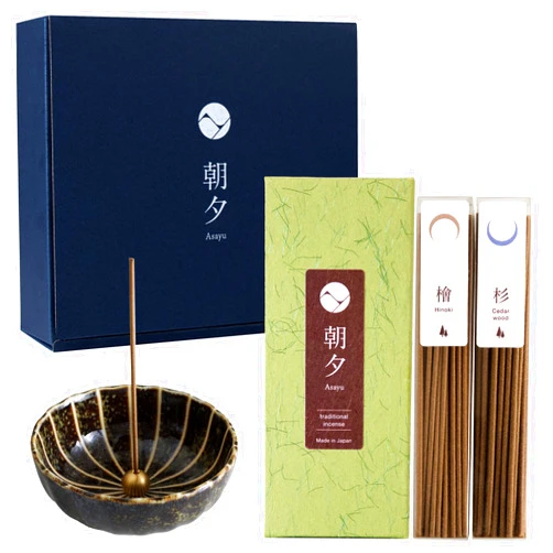 Asayu Japan Traditional Incense Gift Set with Incense Holder and Brass Stand, Forest Set with Green Lotus Incense Holder (Forest Set + Green Lotus Incense Holder)