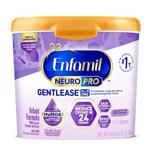 Enfamil NeuroPro Gentlease Baby Formula, Brain Building DHA, HuMO6 Immune Blend, Designed to Reduce Fussiness, Crying, Gas & Spit-up in 24 Hrs, has Prebiotics to Promote Softer Stools, Reusable Tub, 19.5 Oz