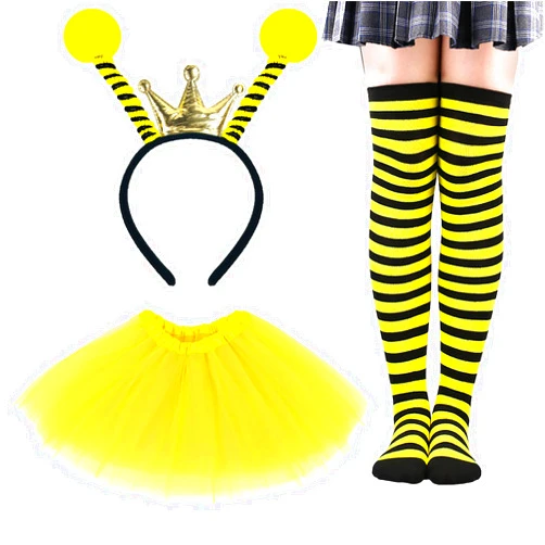 Seiddons Bee Costume Kit Bee Tutu Kit, Bee Bopper Antenna Headband and Bee Striped Leg Warmers Knee Thigh High Stocking, Halloween Bee Costume Kit Cosplay Party Favors for Women and Kids