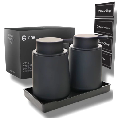G-one Rust-Proof 12ounce Non Leakable Plastic Liquid & Lotion Refillable Matte Black Hand Dish Soap Dispenser Set with Tray and Waterproof Labels for Modern Bathroom and Kitchen(Rubber Paint)