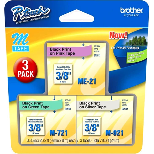 Brother ME793 P-touch M Tape 3/Pack, Black on Pink, Black on Green, Black on Silver