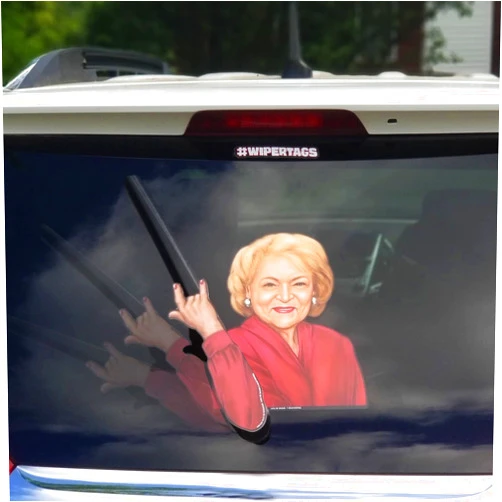 WiperTags Betty White Rocks Waving WiperTag USA Christmas with Decal attaches to rear vehicle wiper blade