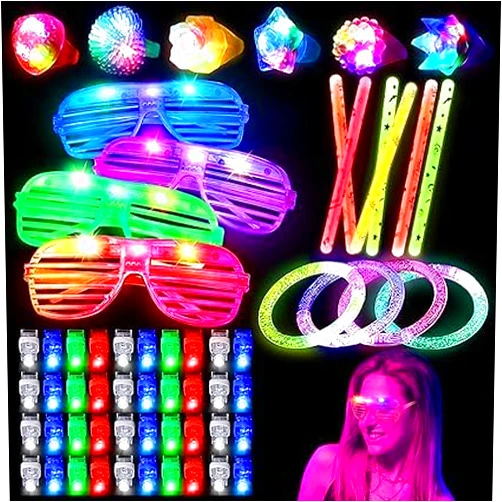 YOHOTA 60pcs LED Light Up Toys Party Favours Glow in the Dark Party Supplies for Kid/Adults Halloween with 40 Finger Lights, 6 Jelly Rings,4 Flashing Glasses, 4 Glow