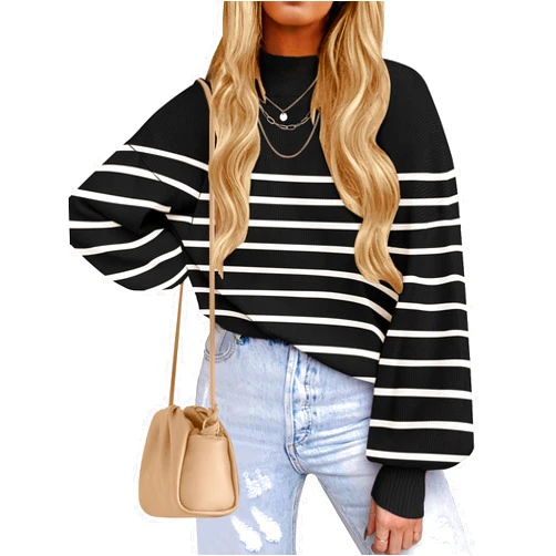 ZESICA Women's Casual Turtleneck Long Lantern Sleeve Oversized Ribbed Knit Pullover Sweater Jumper Top