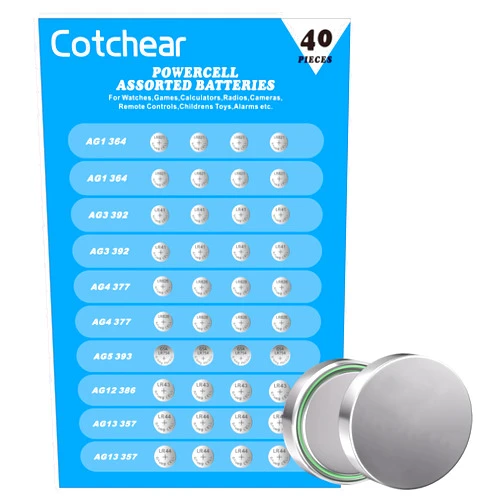 Cotchear 40pcs Alkaline Cell Batteries Assorted 1.5 Volt AG1/LR621 AG3/LR41 AG4/LR626 AG5/LR754 AG12/LR43 AG13/LR44 Coin Batteries Set 0% Mercury
