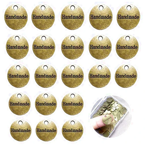 Juland 60PCS Handmade Metal Tags Alloy Hand Made Pendant Bead Charm Metal Label Tag Signs for DIY Jewelry Making Crafts Findings Gift – 14mm - Round Bronze Tone