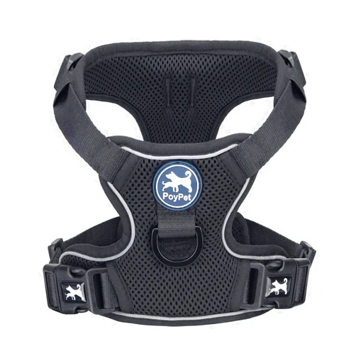 PoyPet Reflective Soft Breathable Mesh Dog Harness Choke-Free Double Padded Vest with Adjustable Neck and Chest(Black,M)