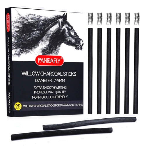 PANDAFLY Willow Charcoal Sticks, Soft, Black Artist Vine Charcoal for Artists, Beginners, Students, Great for Sketching, Drawing, Shading and Fine Art, 7-9mm, 25 Pack