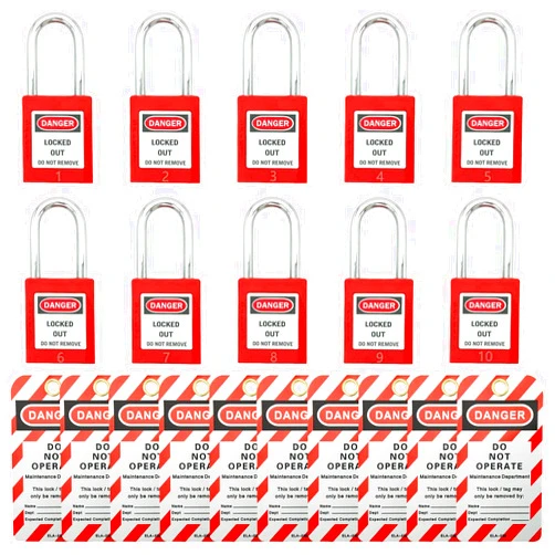 SAFBY 10 Keyed Different Lockout Tagout Locks with 10 Lock Out Tag Out Tags - Loto Safe Padlocks for Lock Out Tag Out Stations and Devices with number 1-10 (Keyed Different, 10 Locks with 10 Tags)