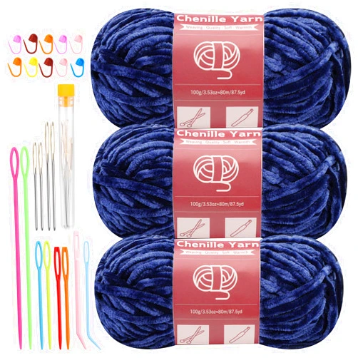 LUNARM Chenille Yarn for Crocheting Knitting, 3 Skein 263 Yard Thick Soft Chunky Fluffy Weaving Plush Yarn for Blankets Clothes Pattern Creations with Big Eye Needles (Dark Blue)