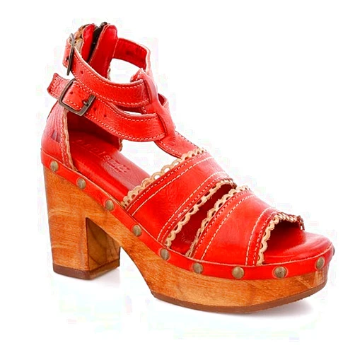 Generic Bed Stu Sloan Leather Platform Sandals, Scalloped Straps with Studs, Wooden Block Heel, Ankle Buckle Closure