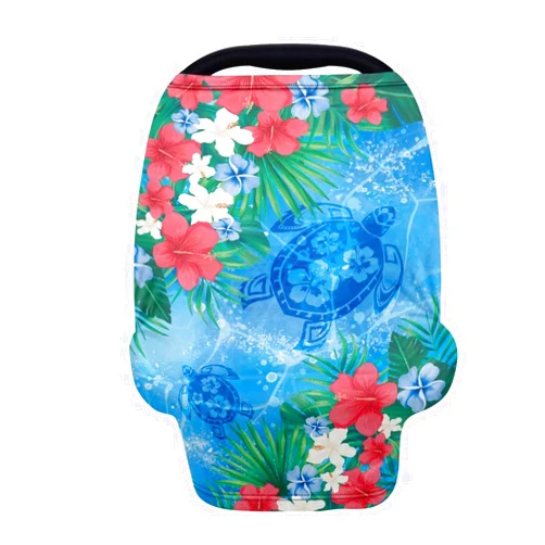 Forchrinse Hawaiian Colorful Hibiscus Blue Sea Turtle Print Baby Car Seat Canopy for Boys Girls - Soft Nursing Breastfeeding Cover Stroller Cover for Newborns