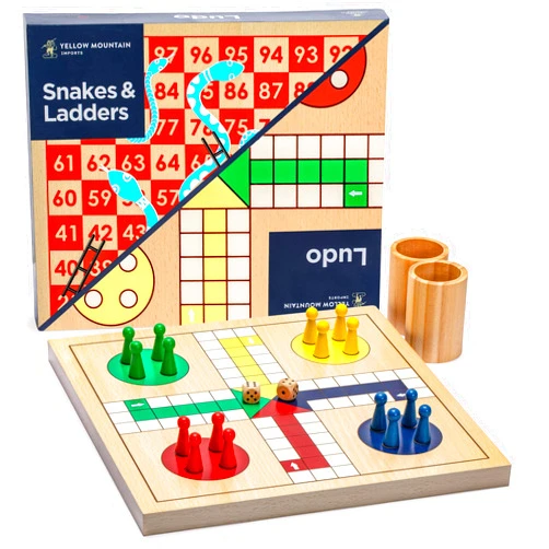 Yellow Mountain Imports 2-in-1 Reversible Wooden Snakes and Ladders, Ludo Game Set - 11.3 inches