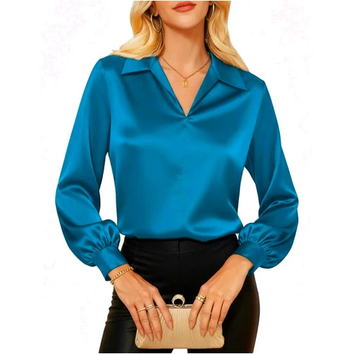 GRACE KARIN Business Casual Tops for Women Satin Silk Blouse Collared V Neck Long Sleeve Work Shirt Dressy Top Summer Outfits