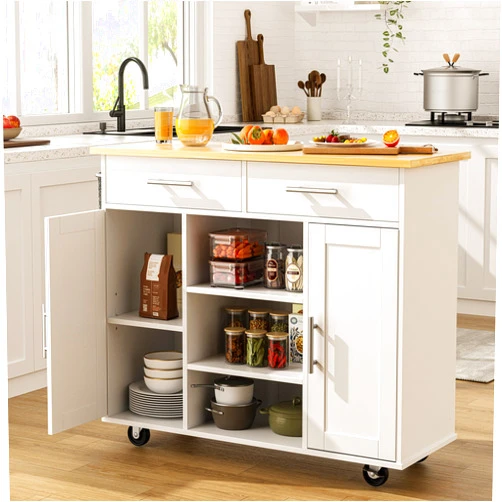 SUNLEI Kitchen Island with Storage Cart Table Rolling Butcher Block on Wheels Portable Large Mobile Counter Drop Leaf Moveable Farmhouse Floating Stand Alone Bar Drawers Wood Coffee Microwave White