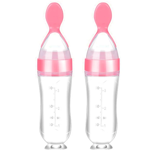Nuanchu 2 Pieces Baby Spoon Feeder Squeeze Food Toddler Food Dispensing Spoon Suction Cup Design Feeder for Baby Toddlers Boys Girl(Pink)