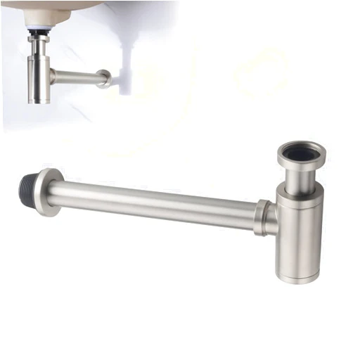 HAMOLER Brushed Nickel Round Bottle P-Trap 1 1/4 Adjustable Bathroom Basin Sink Waste Trap Drain Kit Basin Sink Waste Trap Drain Kit