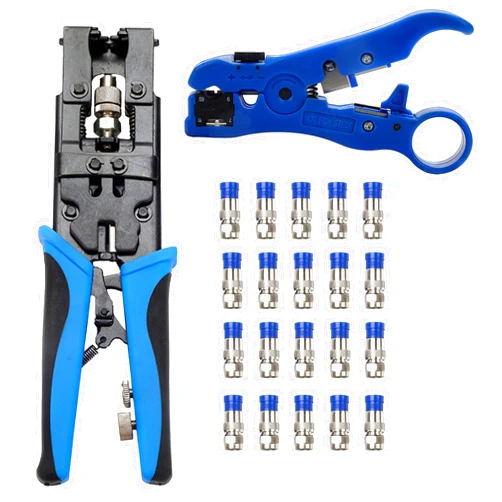 TLS.eagle Coax Cable Crimping Kit Adjustable Tool Set Coaxial Cable Crimping Tool for RG59 RG6 F BNC RCA with 20 PCS F Compression Connectors