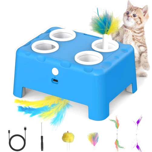 Bolpetizo Interactive Cat Toys, 2-in-1 Automatic Cat Toy, 4 Holes Mice Whack A Mole Cat Mouse Toy with Moving Feather, Portable USB Rechargeable Electronic Kitten Toys (Blue)