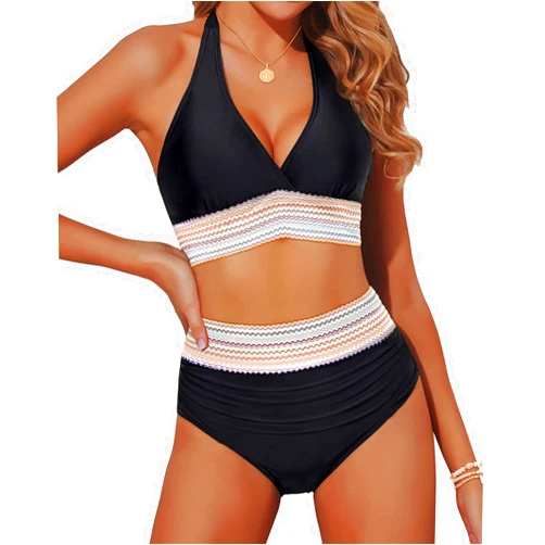 Yonique Women Tummy Control Bikini Two Piece High Waisted Swimsuit Push Up Bathing Suit Halter Bikini Top