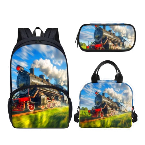 ZWPINITUP Large Capacity Kids Backpack, Train Toy Student Bookbag School Backpack Creative Casual Daypack Schoolbags Set with Insulated Lunch Box and Pencil Bag, Set 3 In 1