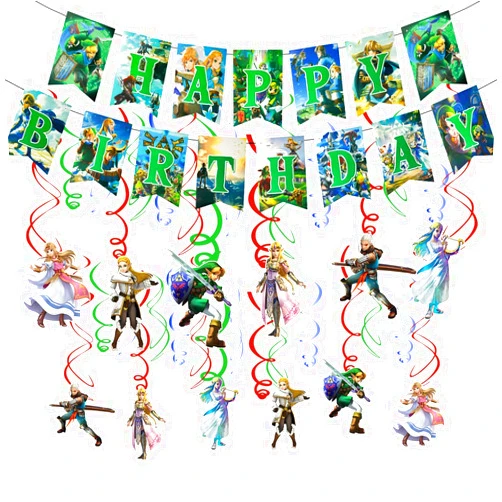 Generic Birthday Party Banner And Hanging Swirls for Zelda,For Zelda Birthday Theme Party Decoration Supplies
