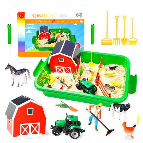 Carolart Farm Sensory Bin，Farm Animals Sand Kit with Sensory Sand，Barn Sandbox with Tractor，Sensory Play Sand Set for Kids 3 4 5 6 7