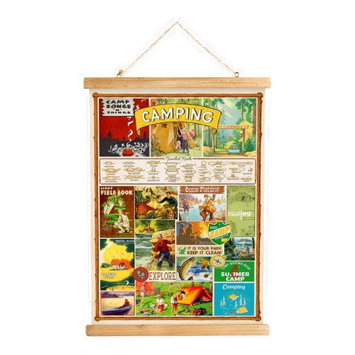 MIDEFINCH Vintage Camping Poster with Wooden Frame, Retro Style Wall Decor Art Print, Rustic Outdoor Camping Survival Patterns Printed on Linen Without Fading, Easy Hang Living Room Office Classroom