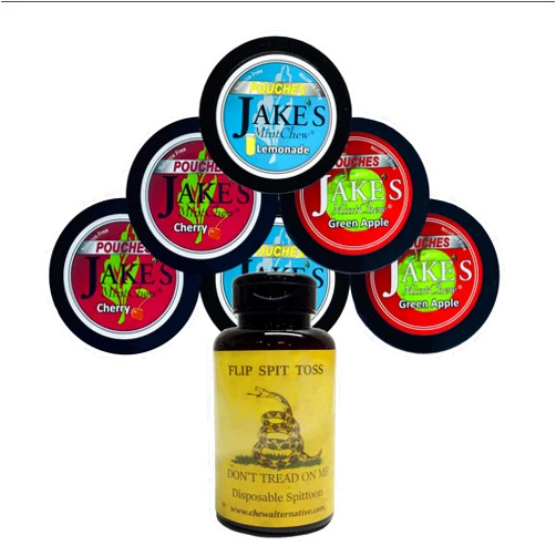 Jakes Mint Chew Jake's Mint Chew- Lemonade, Cherry, Green Apple Pouches - 6 Can Sampler Pack - Includes Mud Bud Disposable Spittoon - DTOM